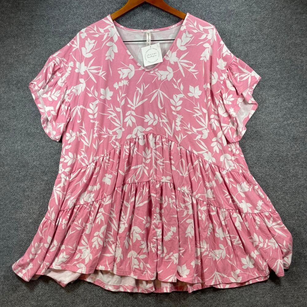 Emerald Beach Barbie Top Women's Plus 2X Pink/White Floral Allover Casual Beach